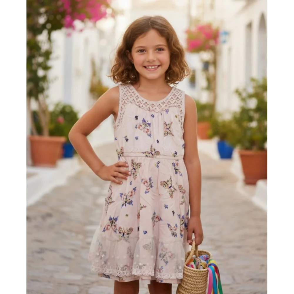Epic Threads‎ Dress Girl's Medium Peach Round Neck Sleeveless Floral Butterfly